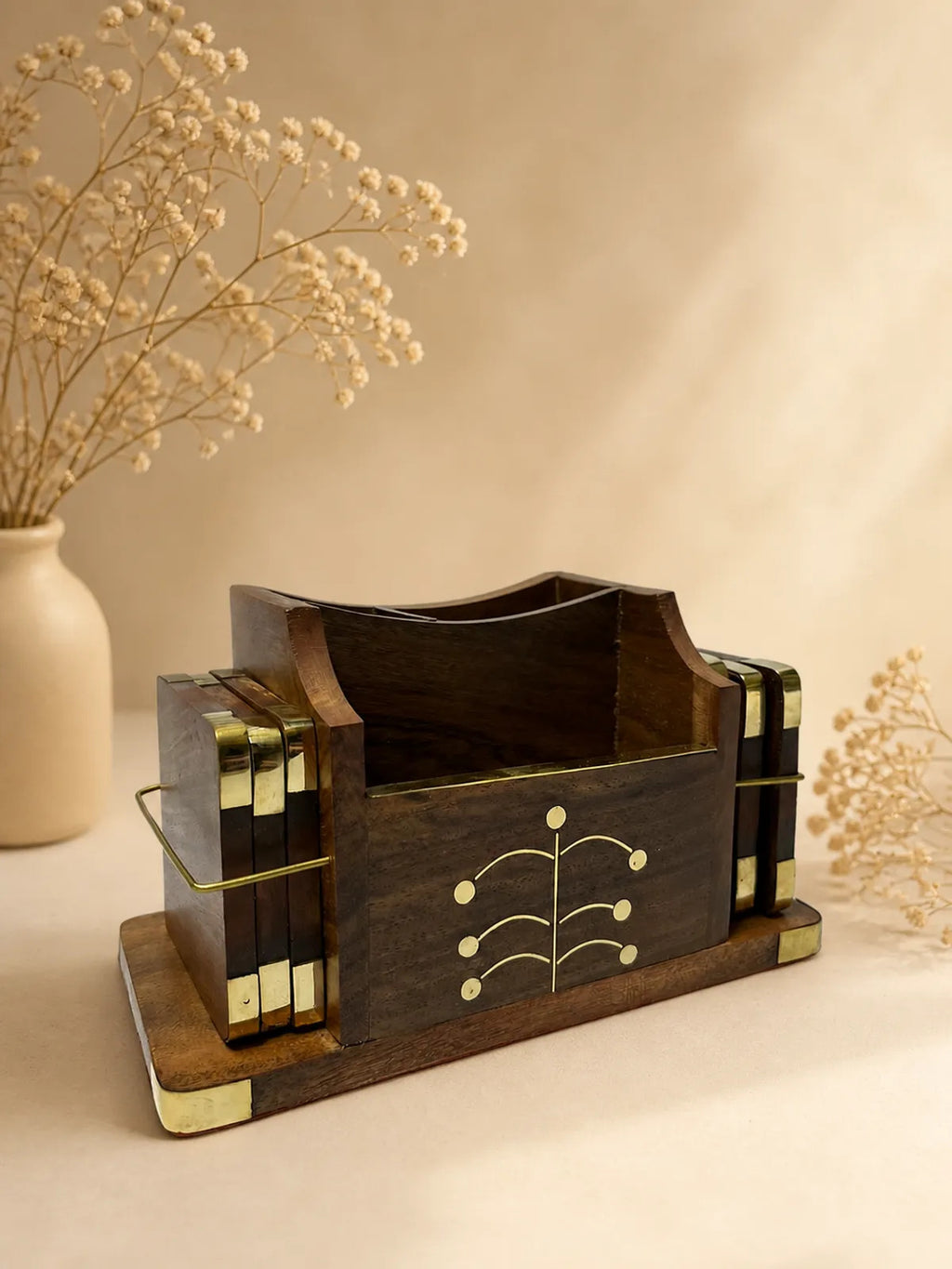 Wooden Coaster Set with Brass Inlay Caddy (Set of 6)