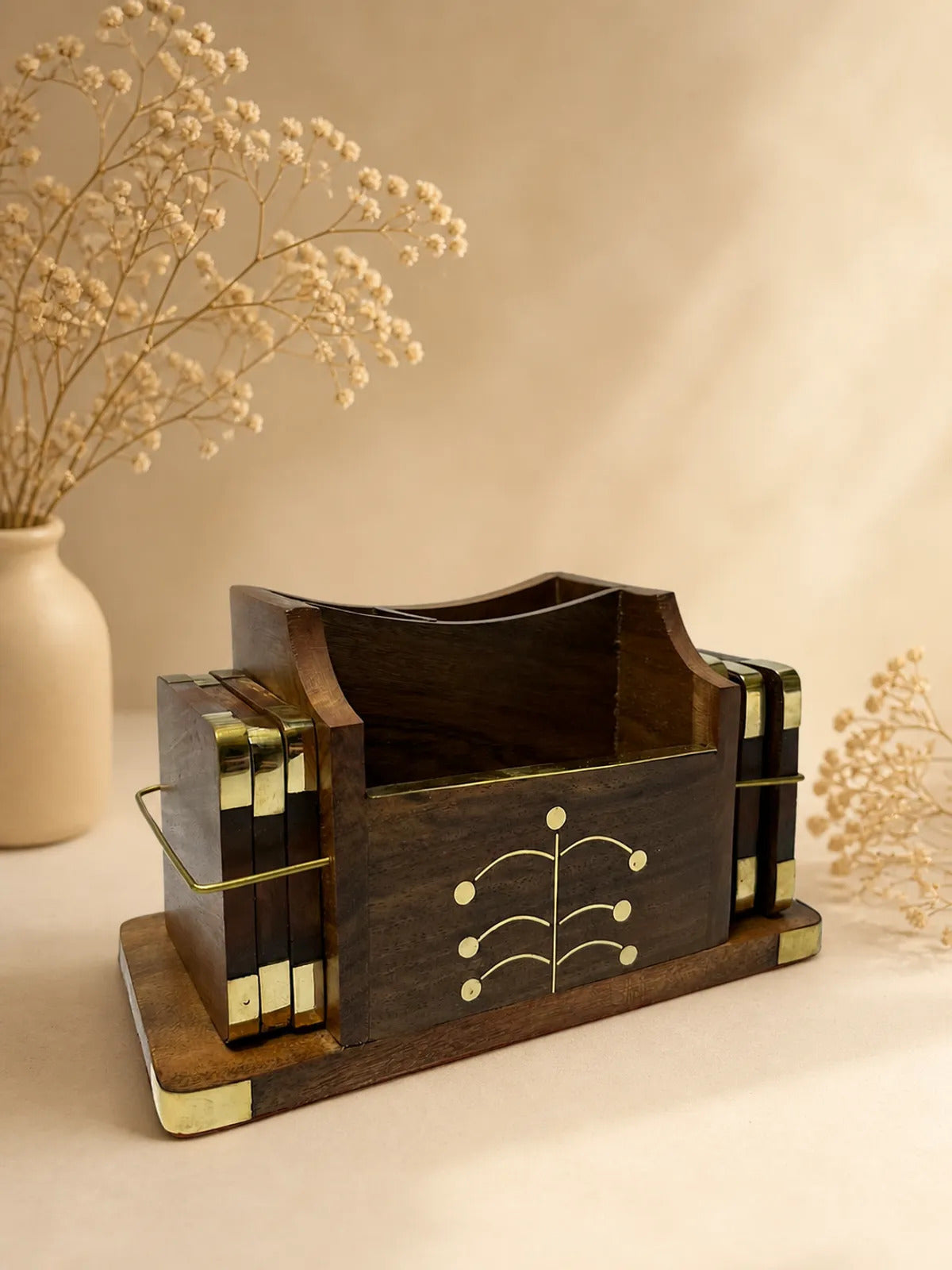 Wooden Coaster Set with Brass Inlay Caddy (Set of 6)