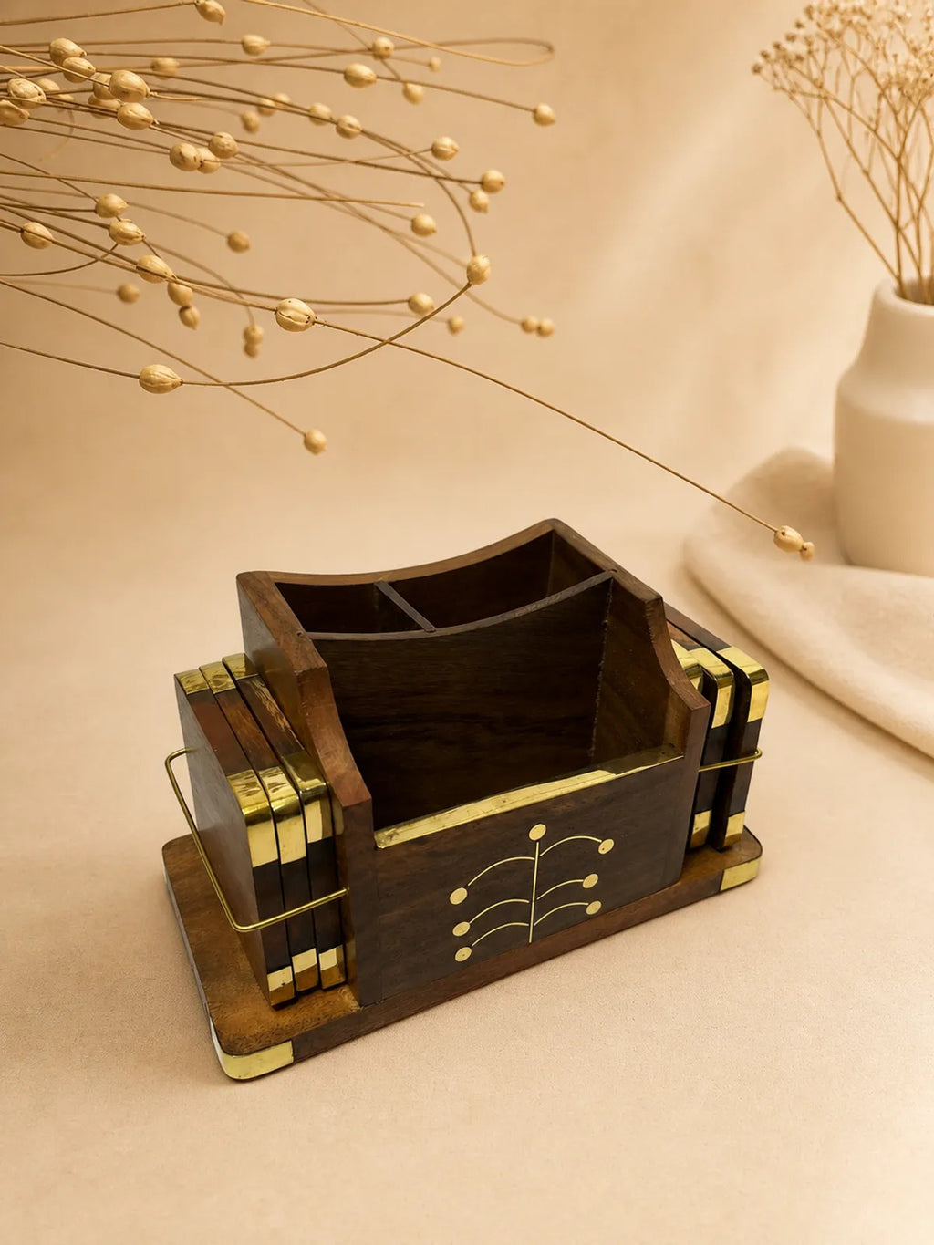 Wooden Coaster Set with Brass Inlay Caddy (Set of 6)
