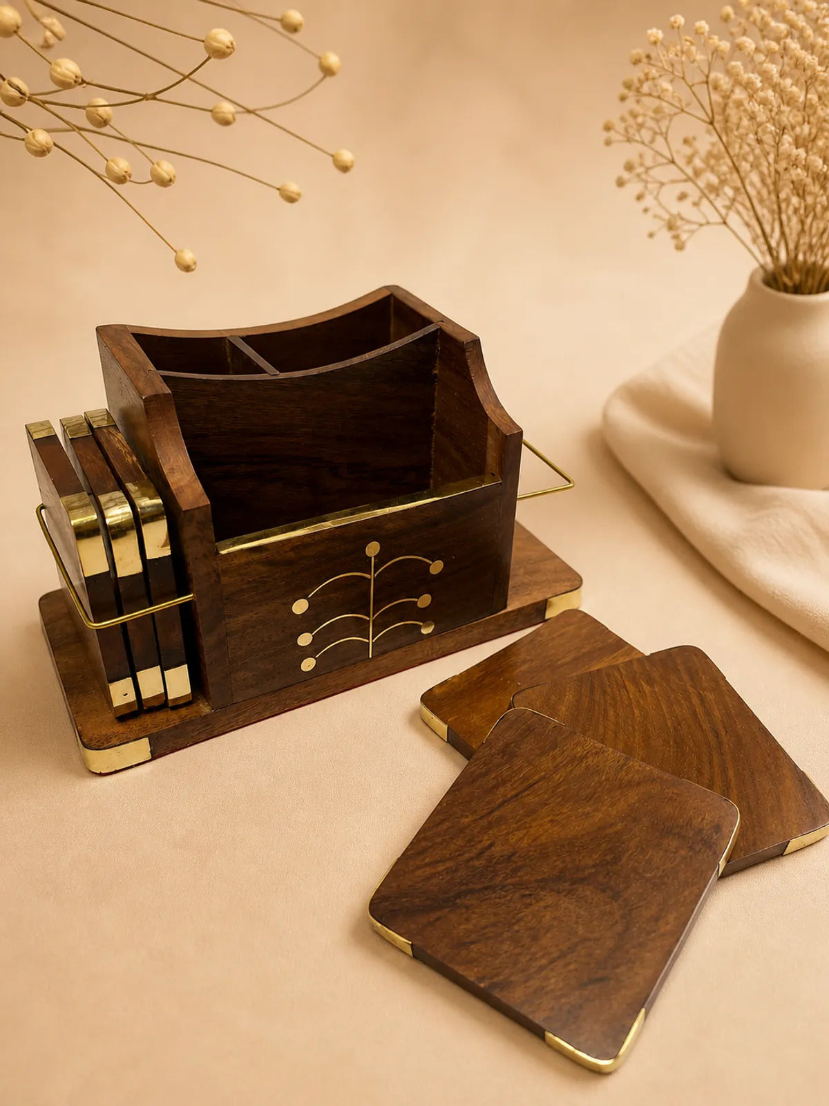 Wooden Coaster Set with Brass Inlay Caddy (Set of 6)