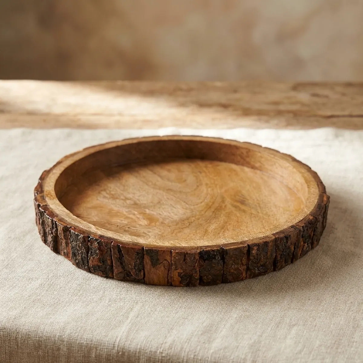 Rustic Natural Bark-Edge Wooden Serving Tray