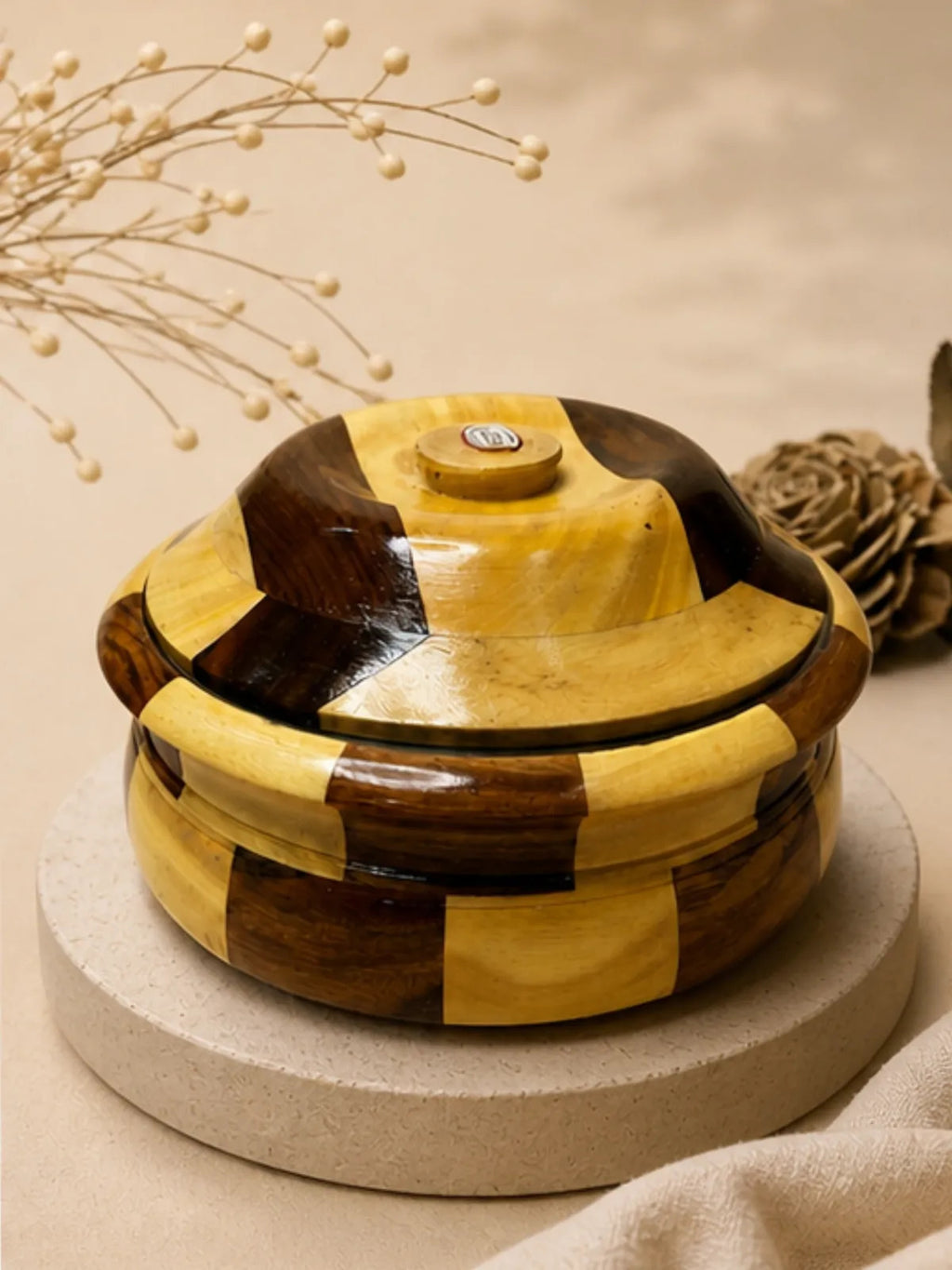 Handcrafted Wooden Casserole with Steel Interior (Roti Box)