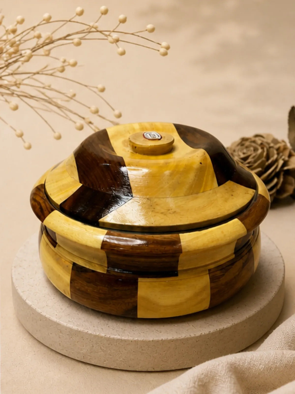 Handcrafted Wooden Casserole with Steel Interior (Roti Box)