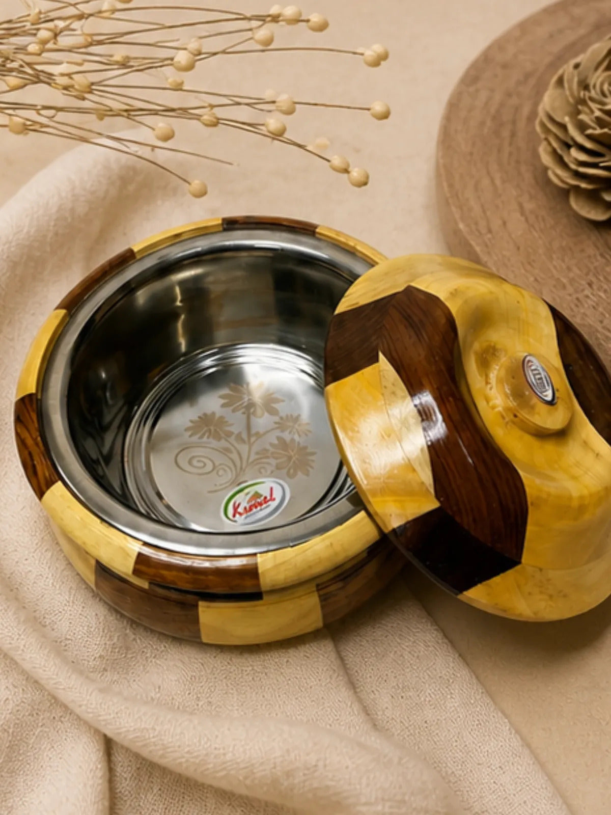 Handcrafted Wooden Casserole with Steel Interior (Roti Box)