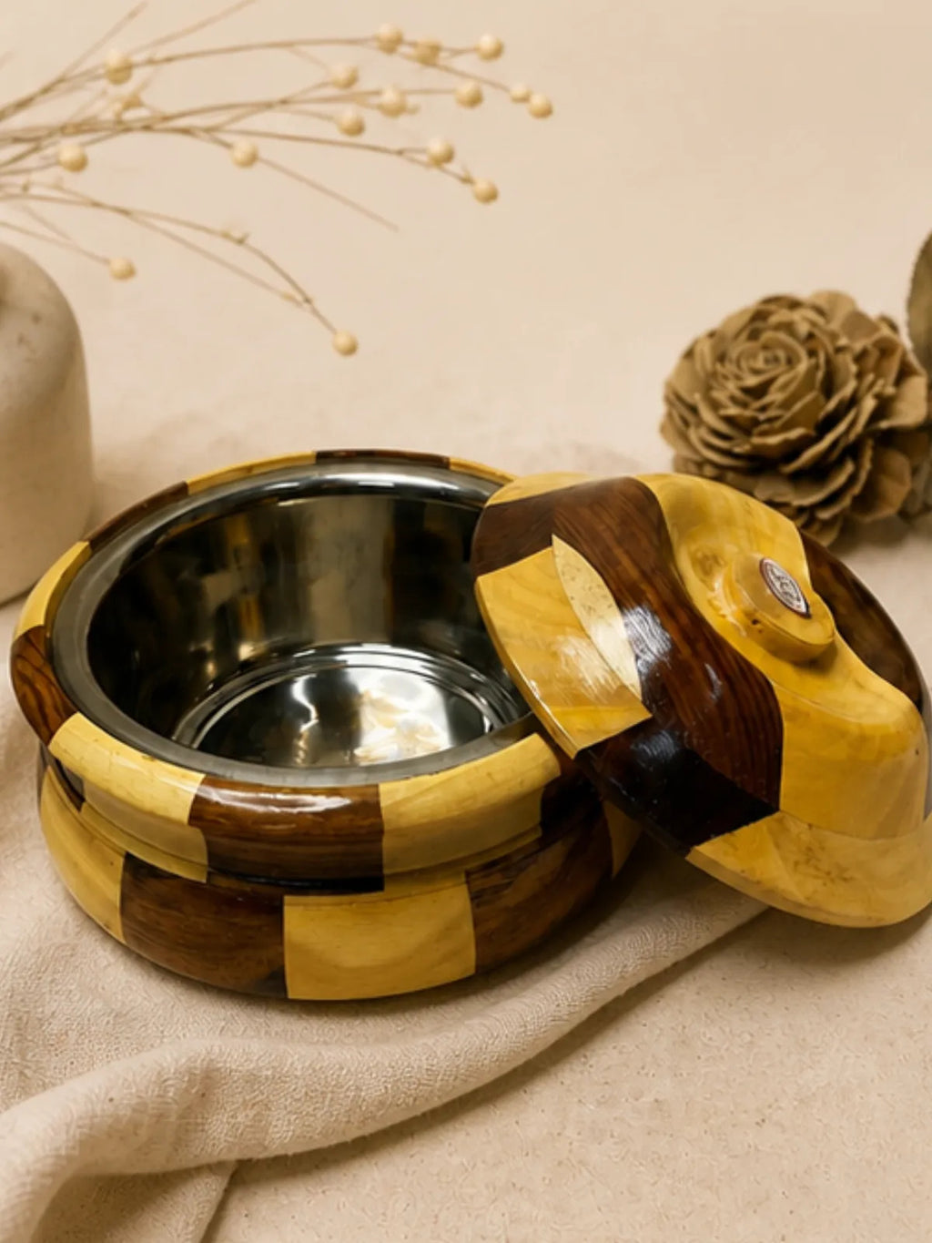 Handcrafted Wooden Casserole with Steel Interior (Roti Box)