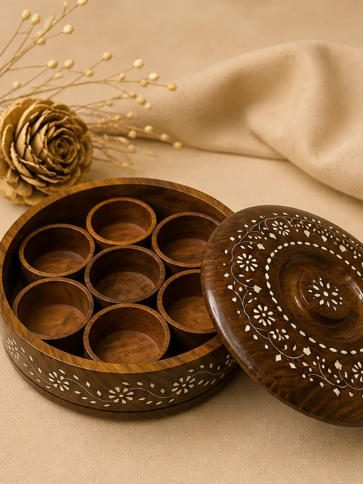Handcrafted Round Wooden Spice Box with Inlay Work (7 Compartments)