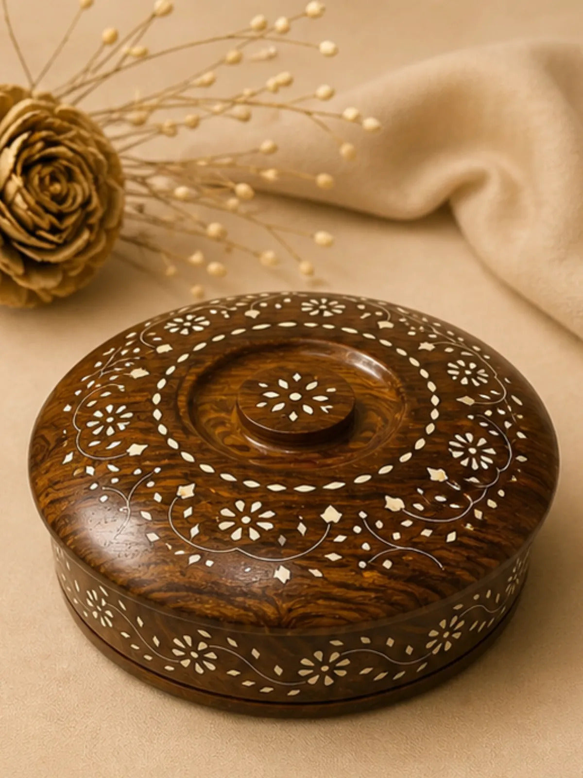 Handcrafted Round Wooden Spice Box with Inlay Work (7 Compartments)