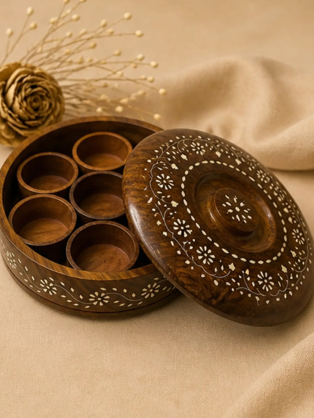 Handcrafted Round Wooden Spice Box with Inlay Work (7 Compartments)