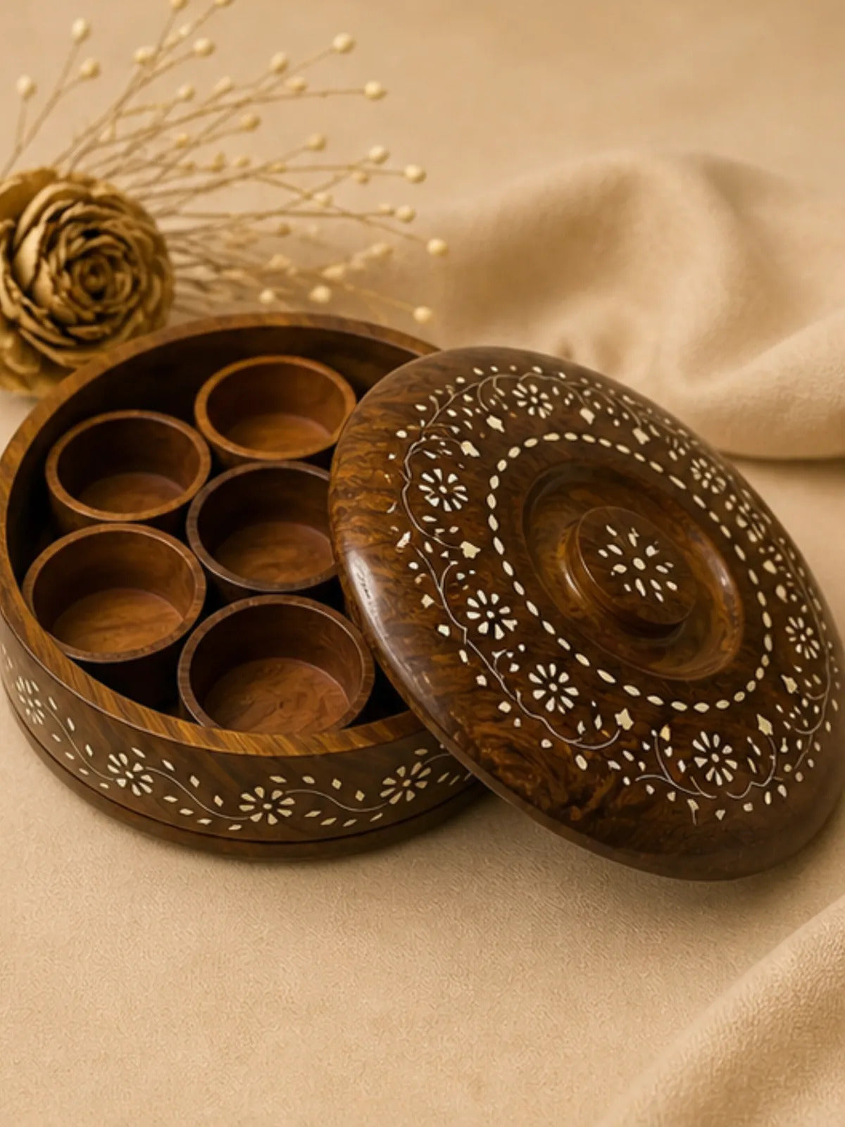 Handcrafted Round Wooden Spice Box with Inlay Work (7 Compartments)
