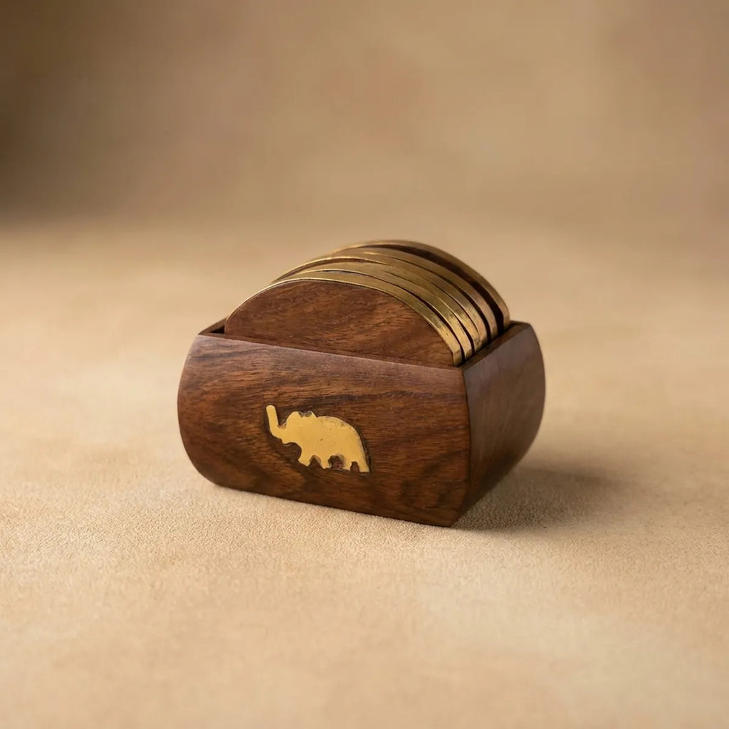 Wooden Coaster Set with Brass Elephant Holder