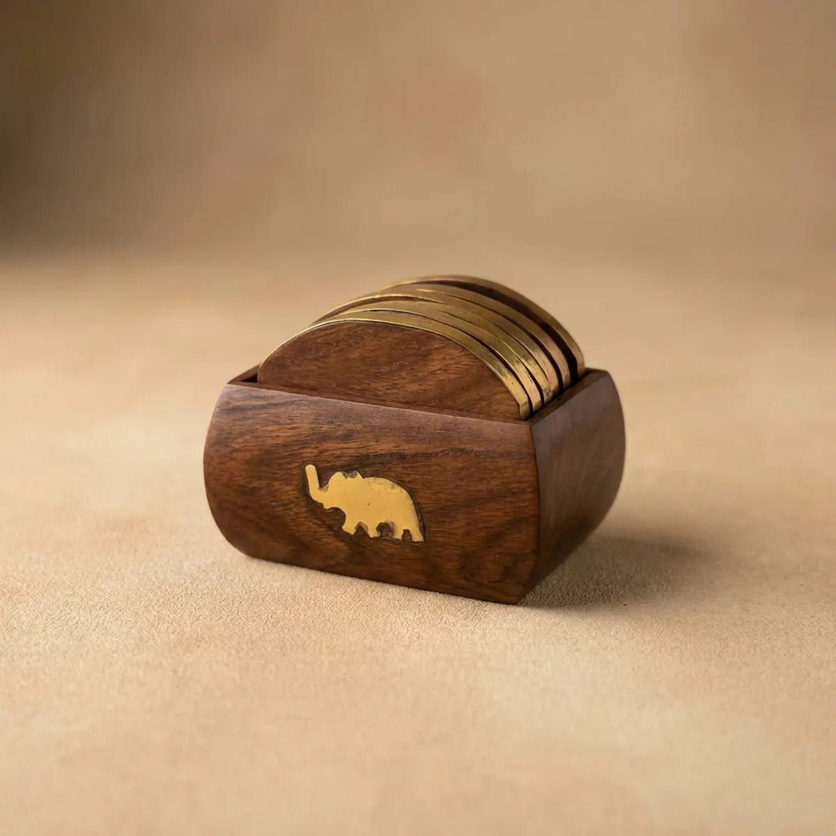 Wooden Coaster Set with Brass Elephant Holder