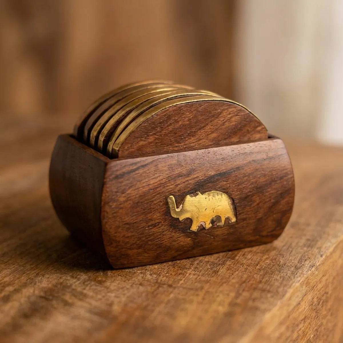 Wooden Coaster Set with Brass Elephant Holder