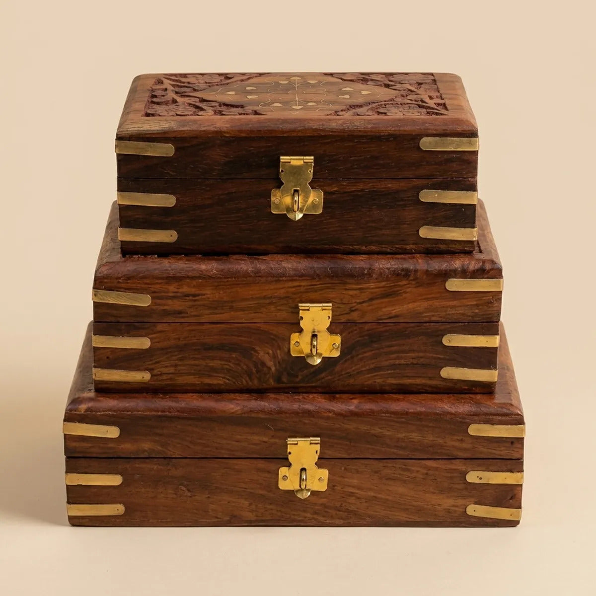 Wooden Jewelry Boxes with Brass Fittings (Set of 3)