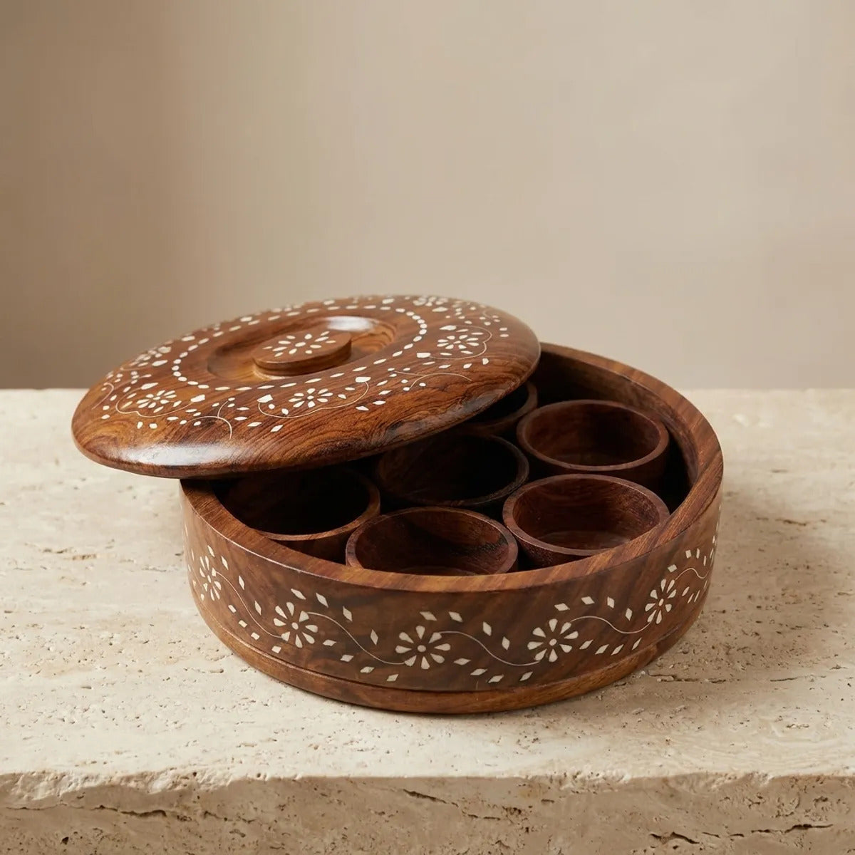 Handcrafted Round Wooden Spice Box with Inlay Work (7 Compartments)