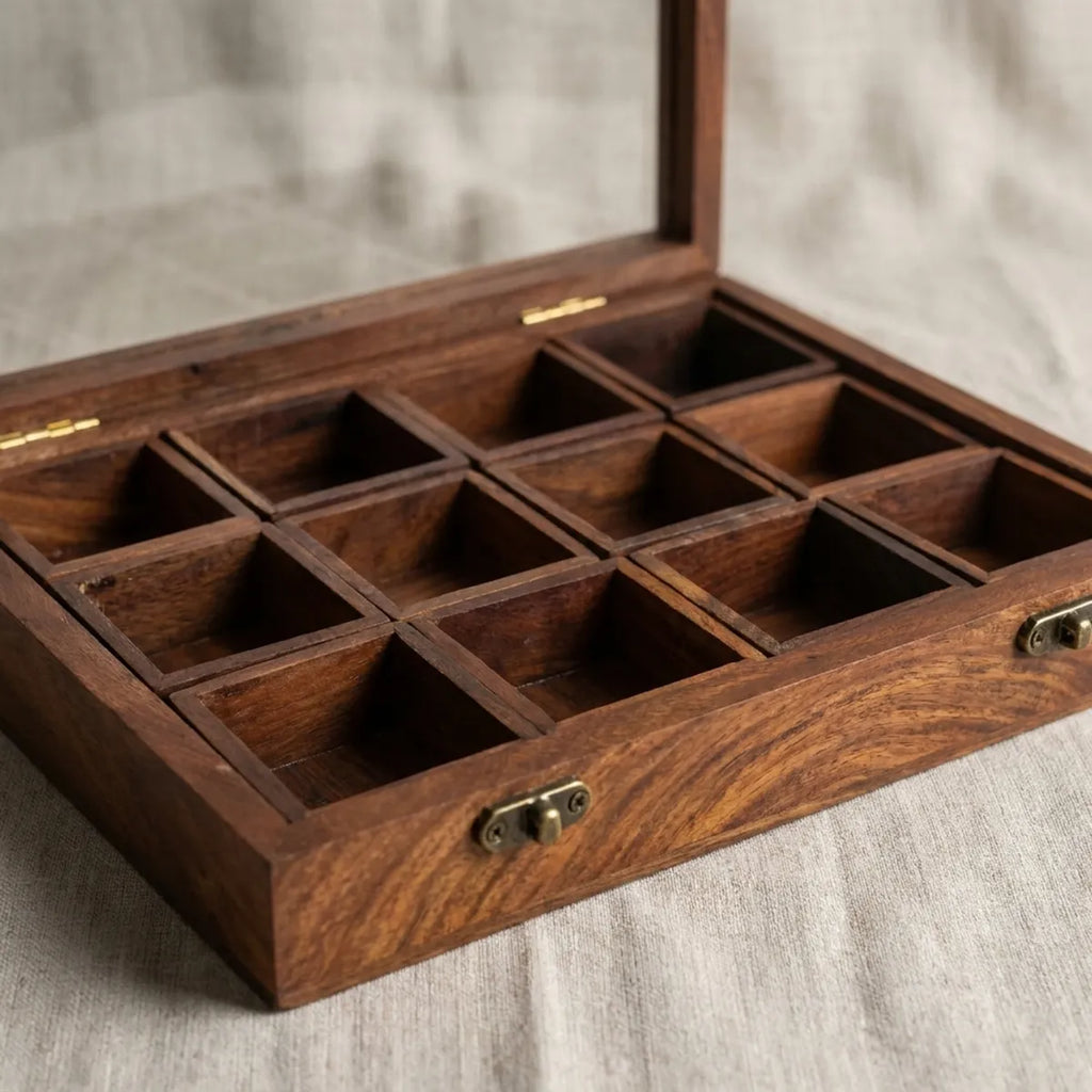Handcrafted Wooden Spice Box with Glass Lid (12 Compartments)