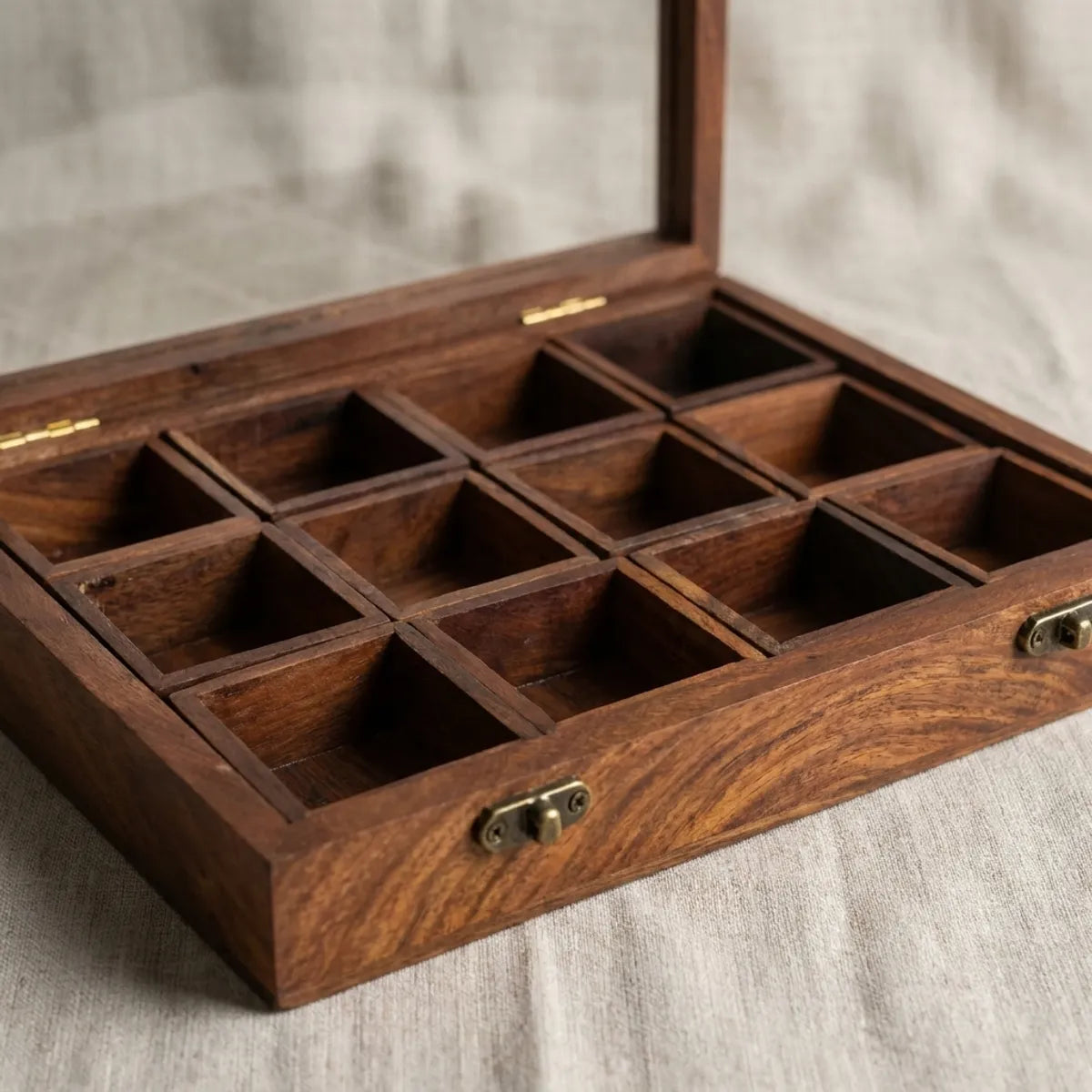 Handcrafted Wooden Spice Box with Glass Lid (12 Compartments)