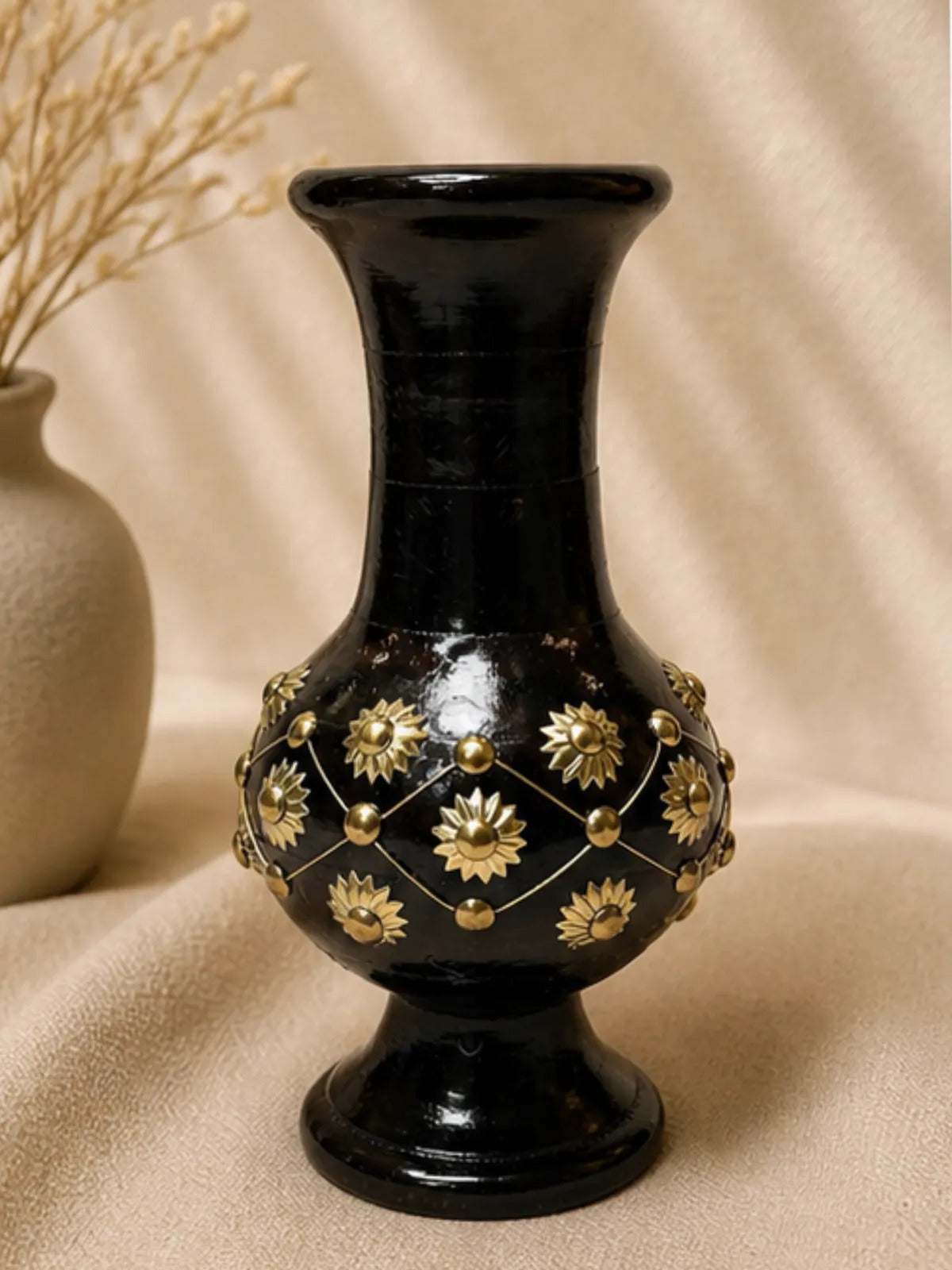 Handcrafted Wooden Vase with Brass Floral Studs