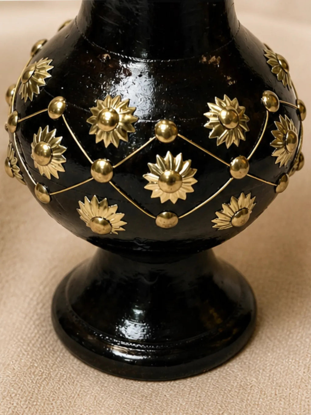 Handcrafted Wooden Vase with Brass Floral Studs