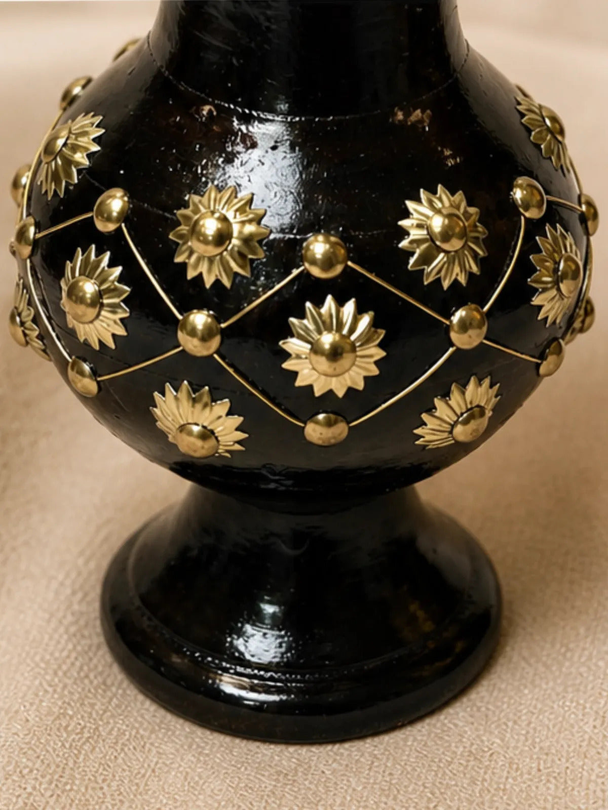 Handcrafted Wooden Vase with Brass Floral Studs