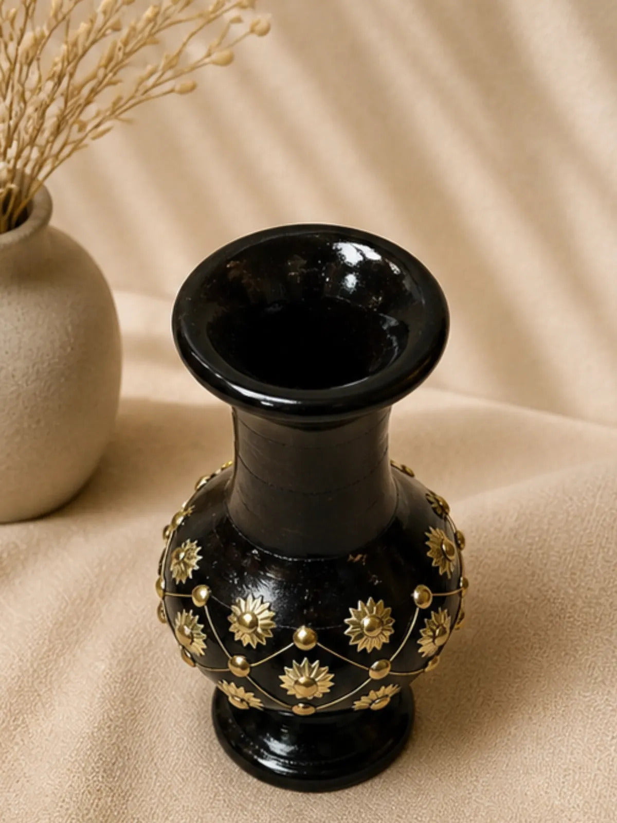 Handcrafted Wooden Vase with Brass Floral Studs