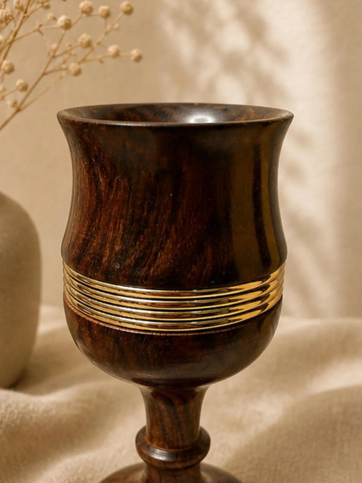 Handcrafted Wooden Goblets with Brass Ring Detail (Set of 2)
