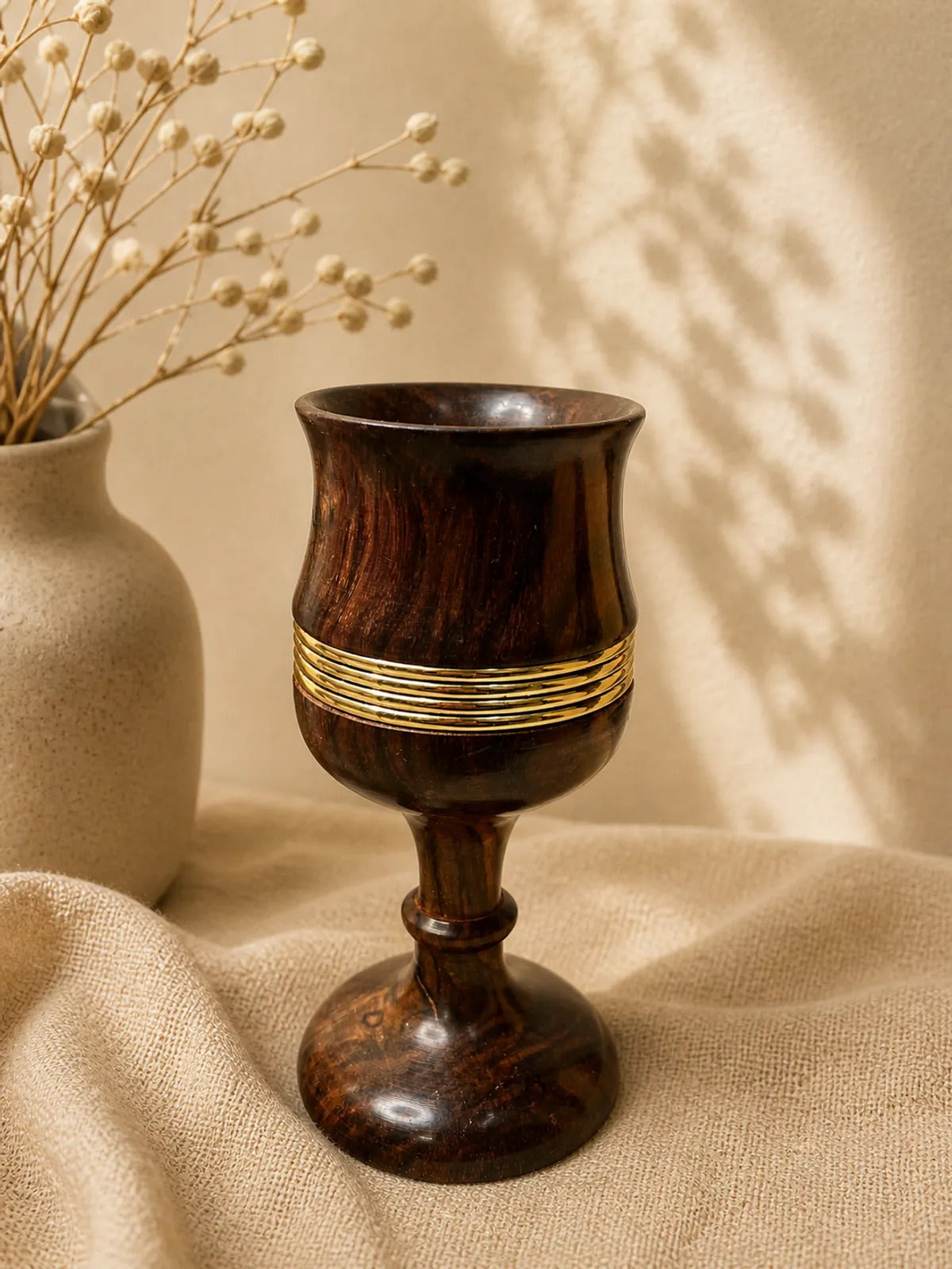 Handcrafted Wooden Goblets with Brass Ring Detail (Set of 2)