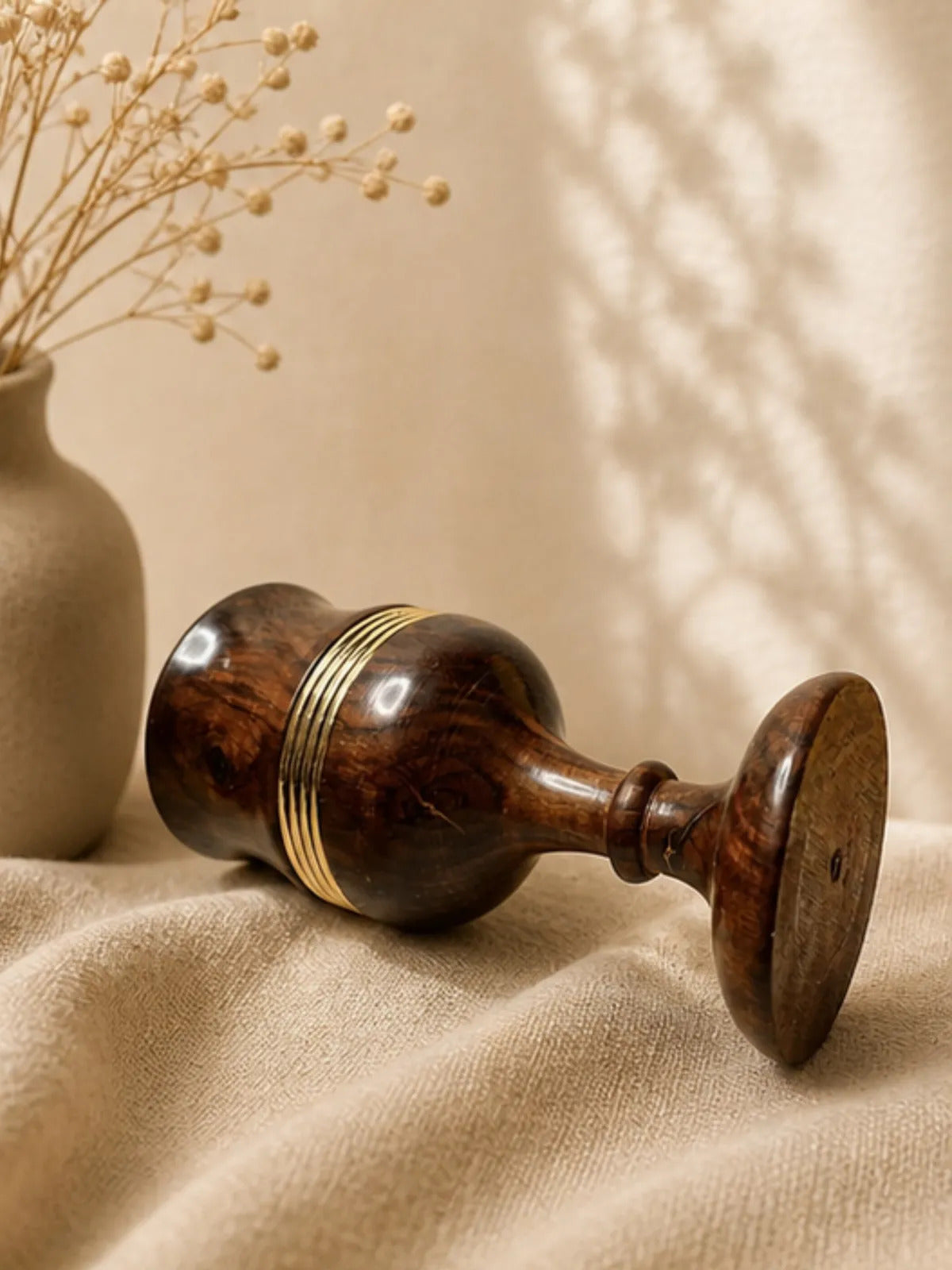 Handcrafted Wooden Goblets with Brass Ring Detail (Set of 2)