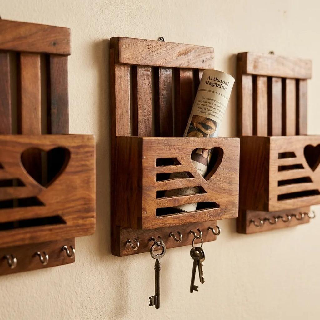 Wooden Wall Mail Holder with Heart Cut-Out & Key Hooks