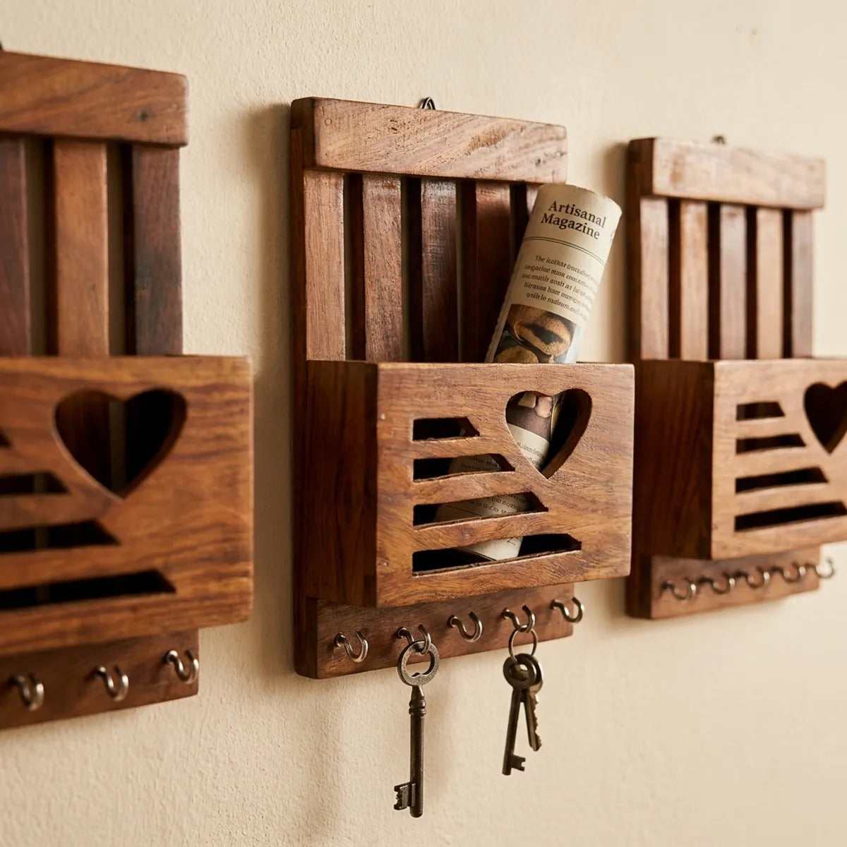 Wooden Wall Mail Holder with Heart Cut-Out & Key Hooks