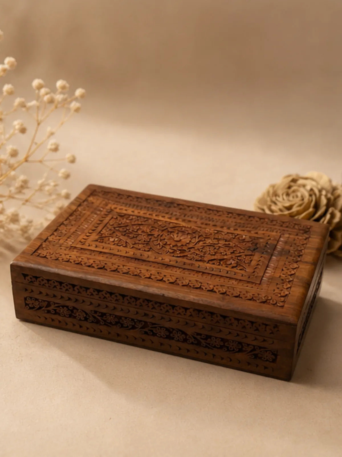 Hand-Carved Wooden Jewelry Box with Velvet Interior