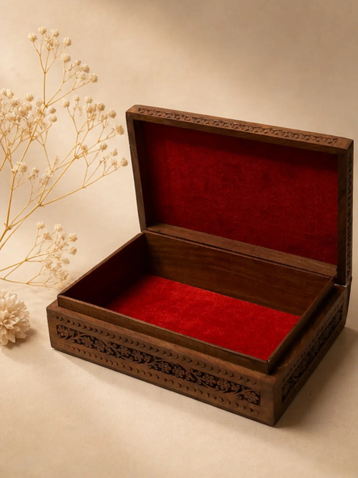 Hand-Carved Wooden Jewelry Box with Velvet Interior