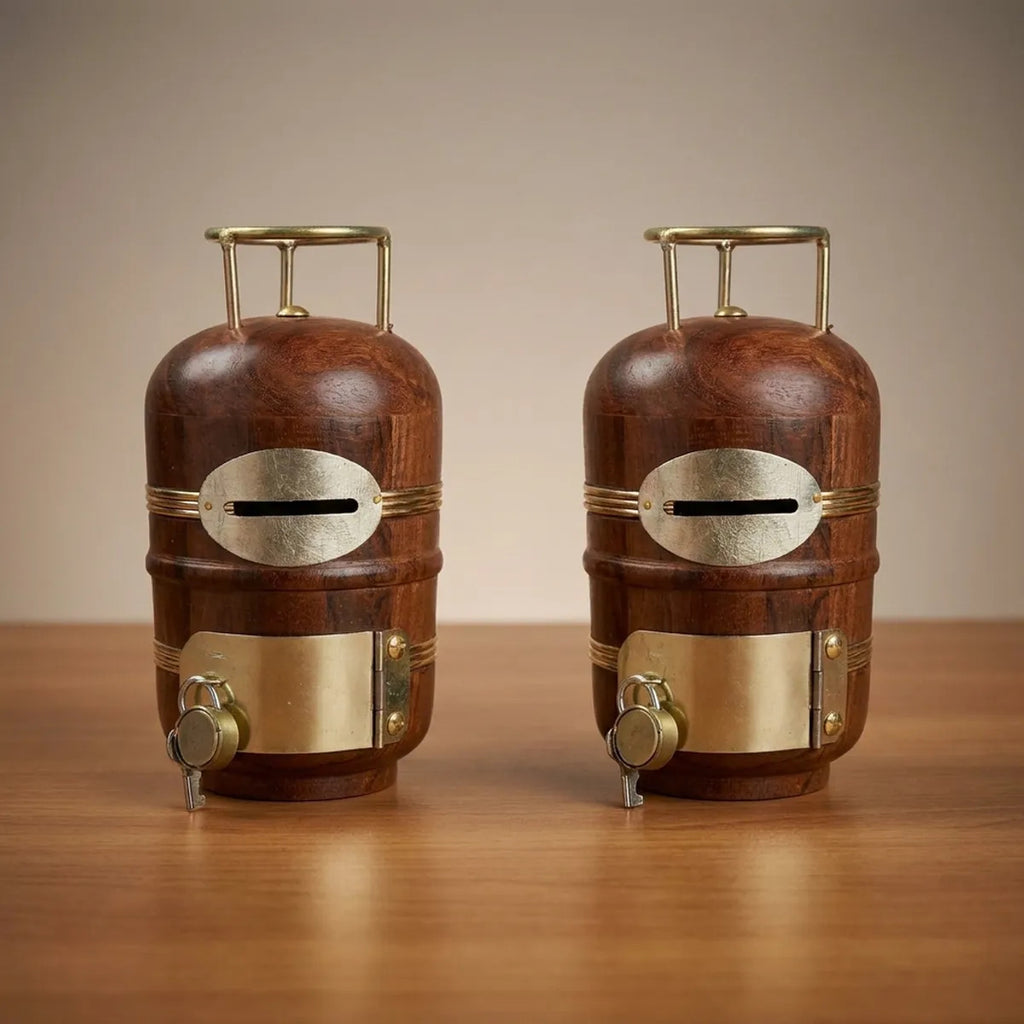 Wooden Gas Cylinder Money Box with Lock & Key