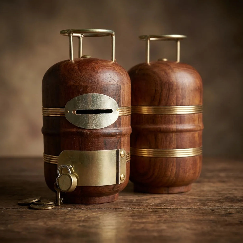 Wooden Gas Cylinder Money Box with Lock & Key