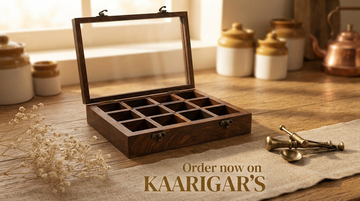 Handcrafted Wooden Spice Box with Glass Lid (12 Compartments)