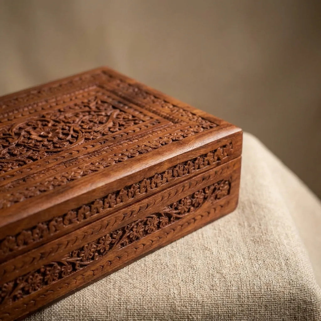 Hand-Carved Wooden Jewelry Box with Velvet Interior