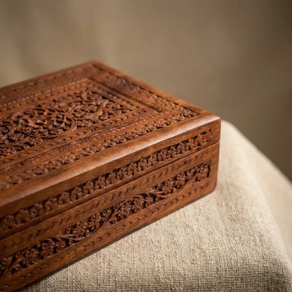 Hand-Carved Wooden Jewelry Box with Velvet Interior