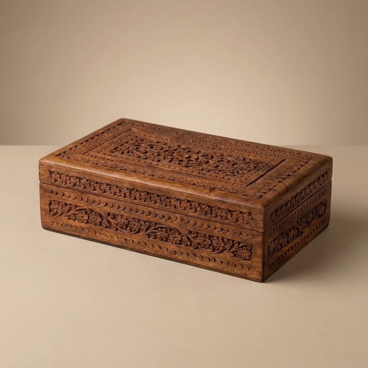 Hand-Carved Wooden Jewelry Box with Velvet Interior