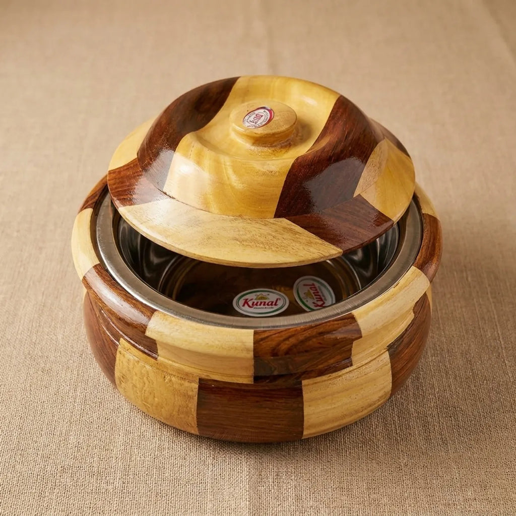 Handcrafted Wooden Casserole with Steel Interior (Roti Box)