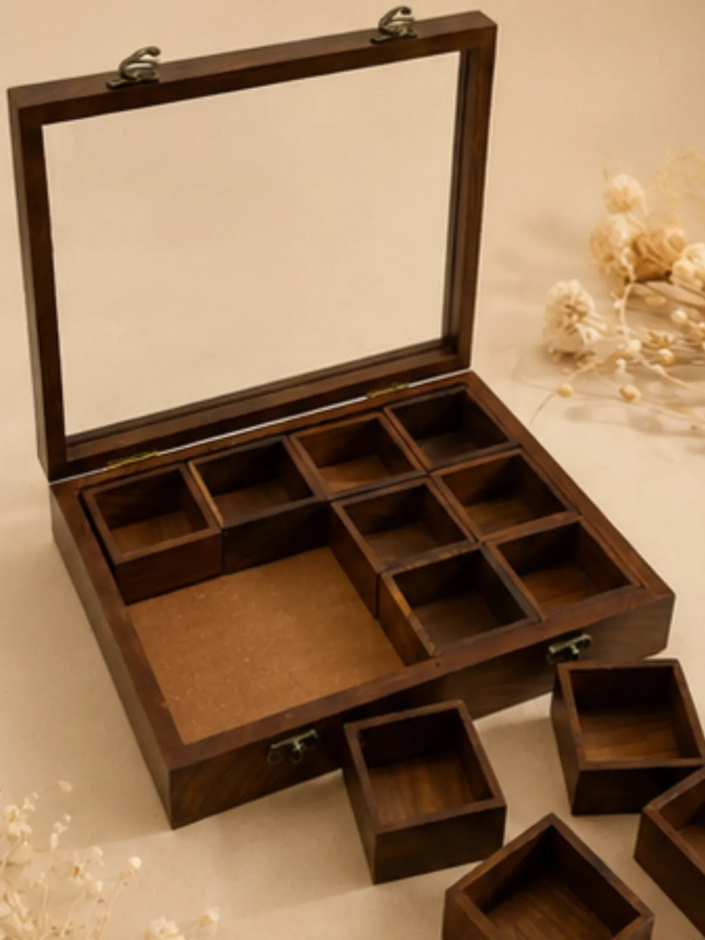 Handcrafted Wooden Spice Box with Glass Lid (12 Compartments)