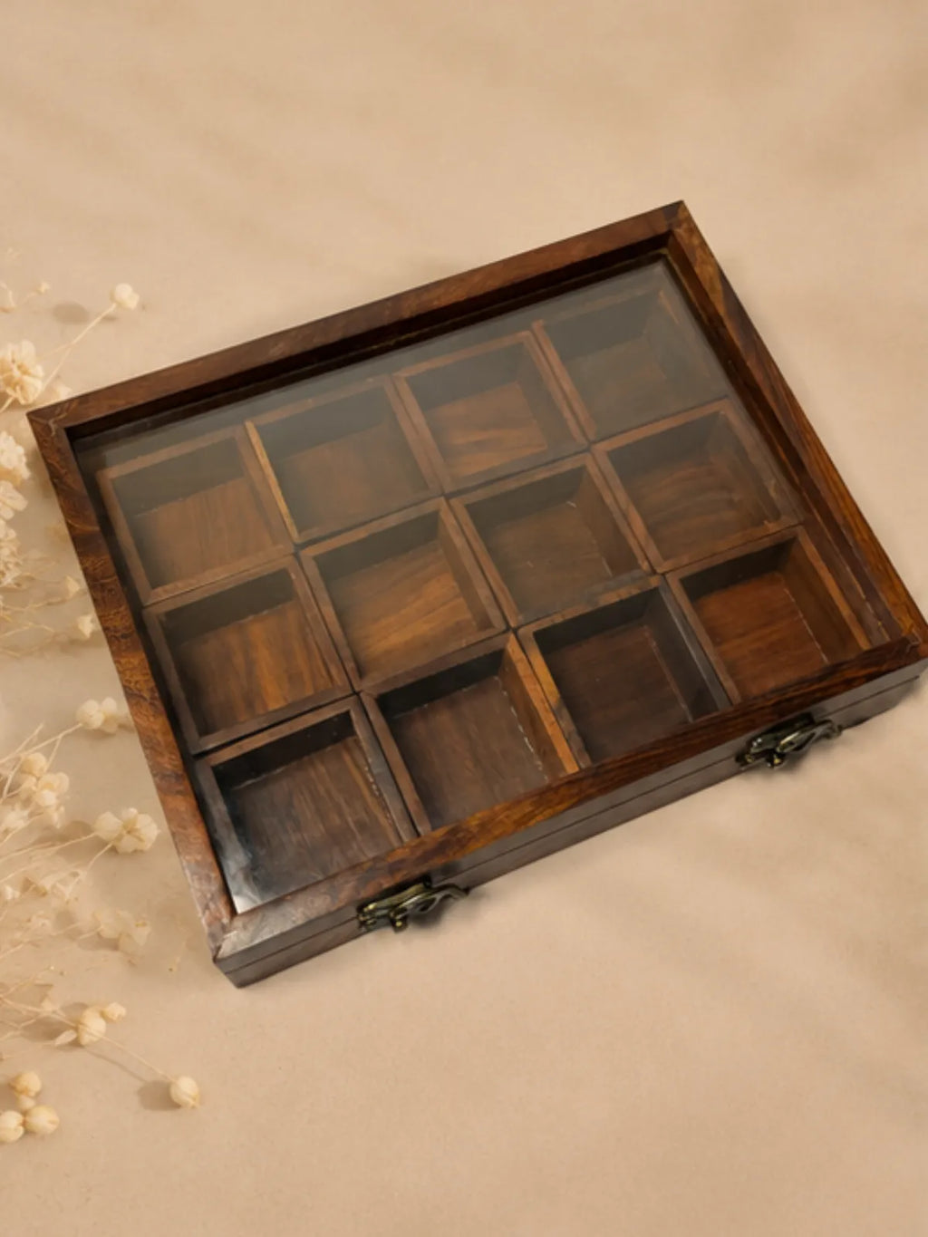 Handcrafted Wooden Spice Box with Glass Lid (12 Compartments)