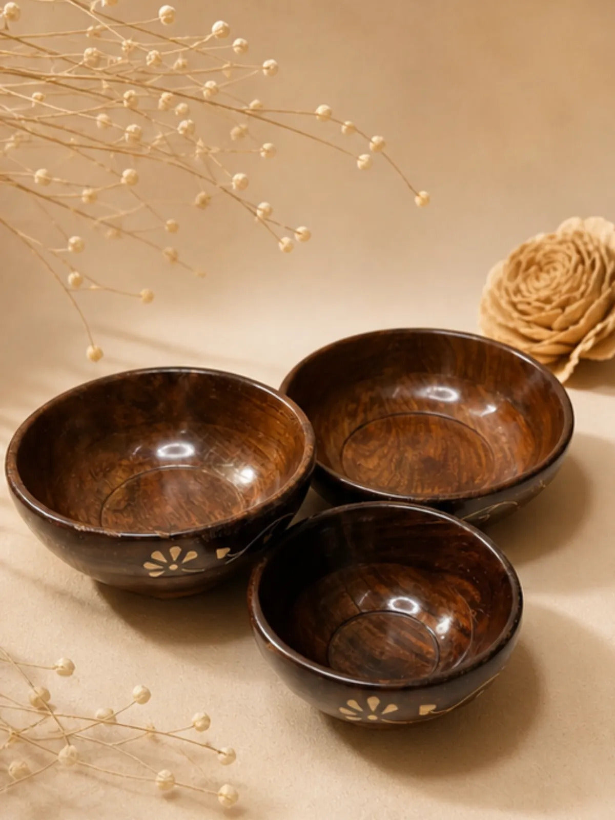 Handcrafted Wooden Nesting Bowls with Brass Inlay (Set of 3)