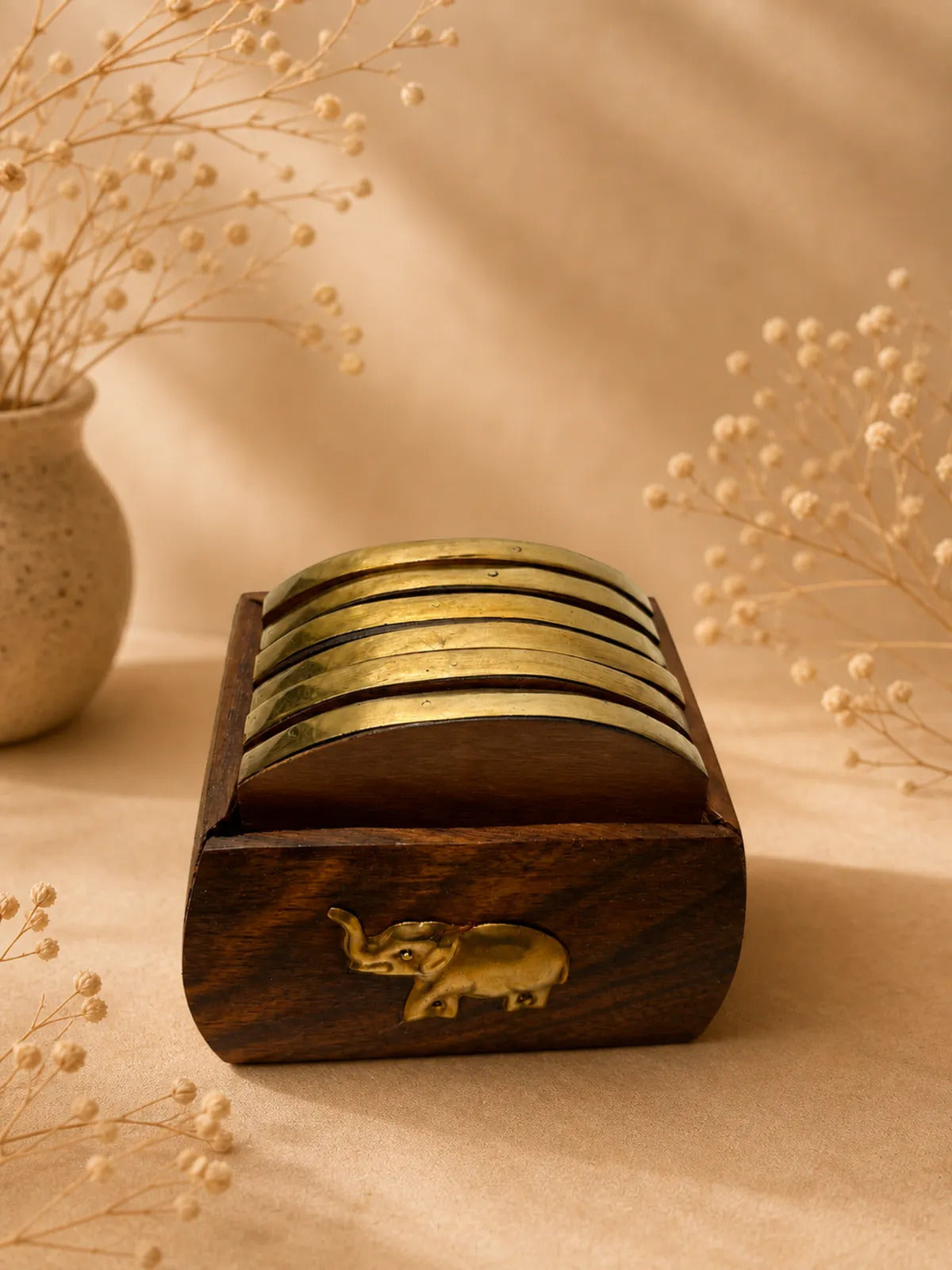 Wooden Coaster Set with Brass Elephant Holder