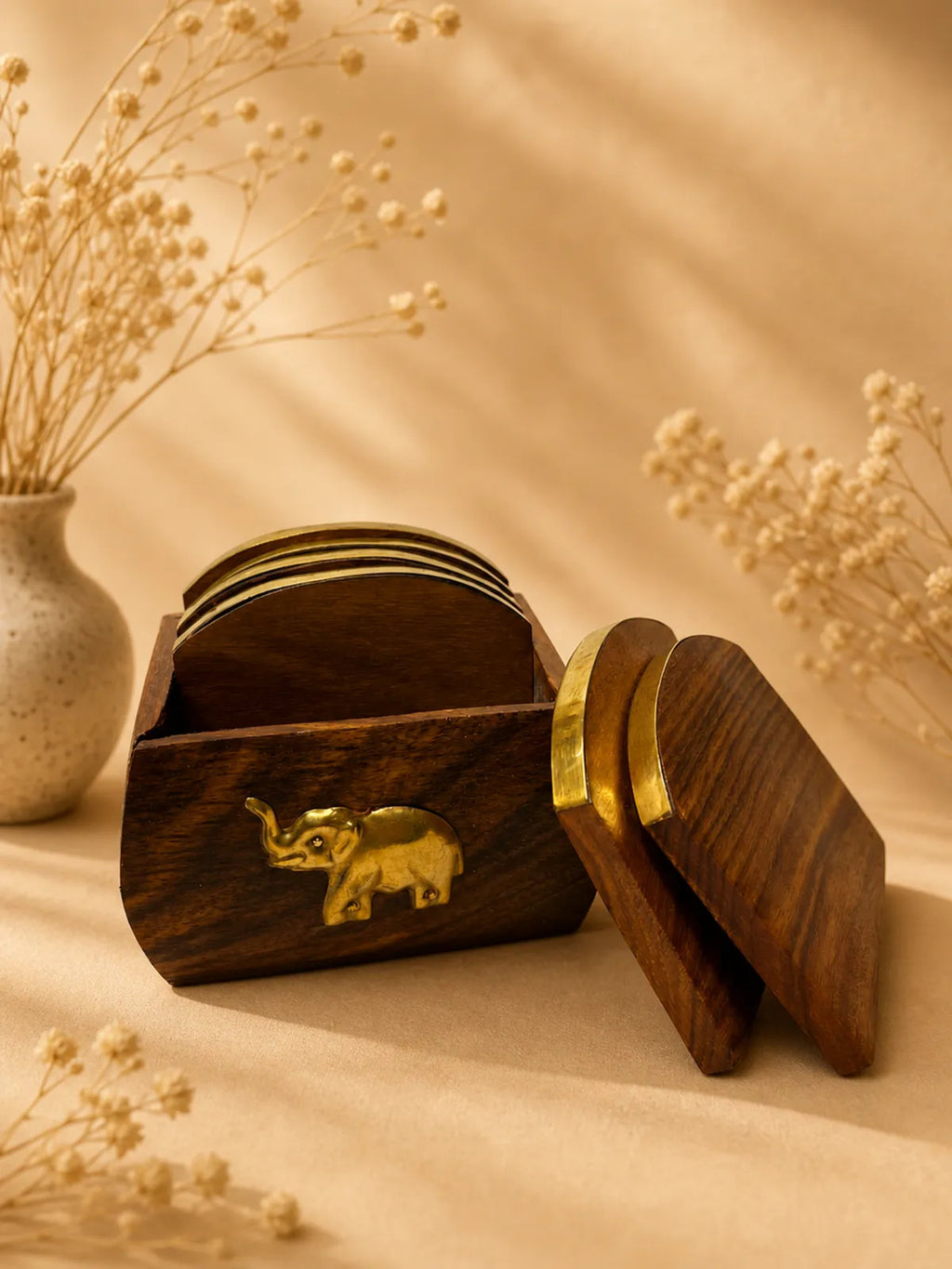 Wooden Coaster Set with Brass Elephant Holder