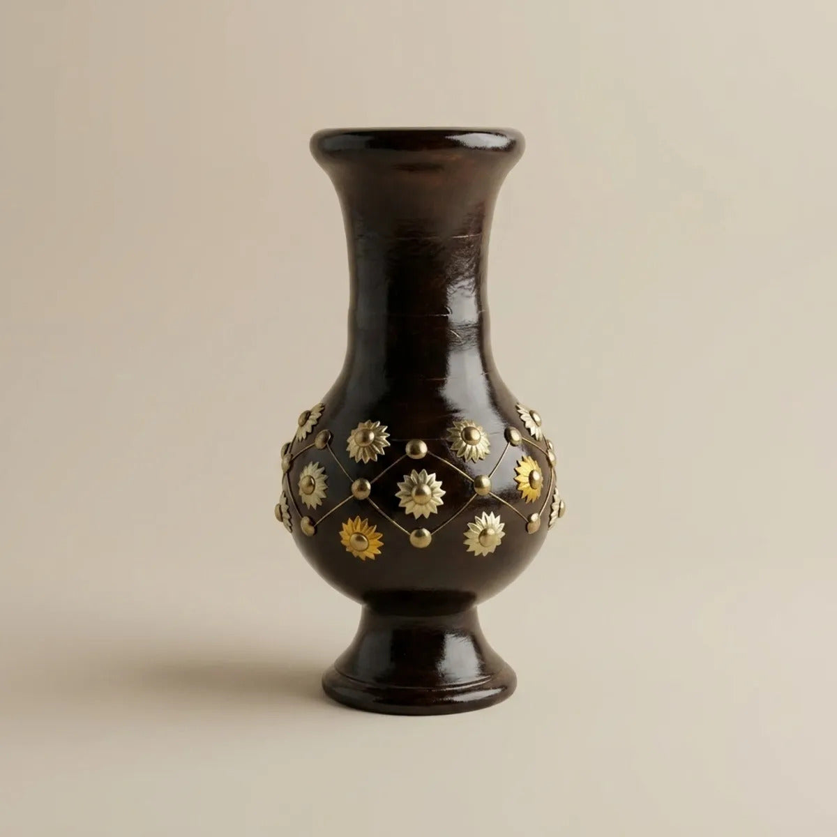 Handcrafted Wooden Vase with Brass Floral Studs