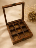 Square Wooden Spice Box with Glass Lid & Lock (9 Compartments)