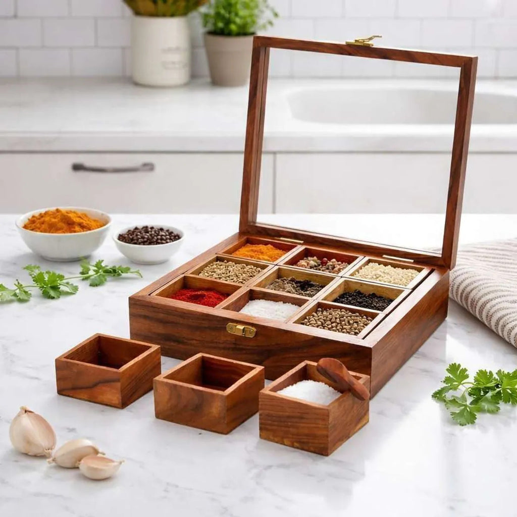 Square Wooden Spice Box with Glass Lid & Lock (9 Compartments)