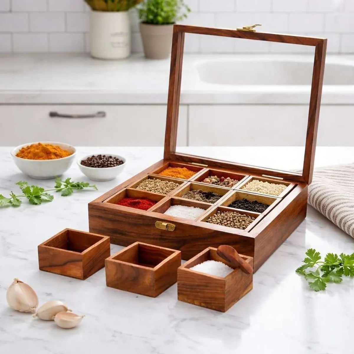 Square Wooden Spice Box with Glass Lid & Lock (9 Compartments)