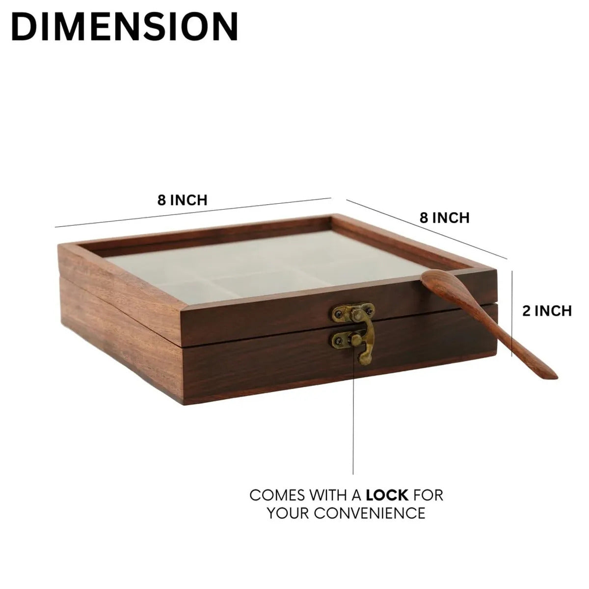 Square Wooden Spice Box with Glass Lid & Lock (9 Compartments)