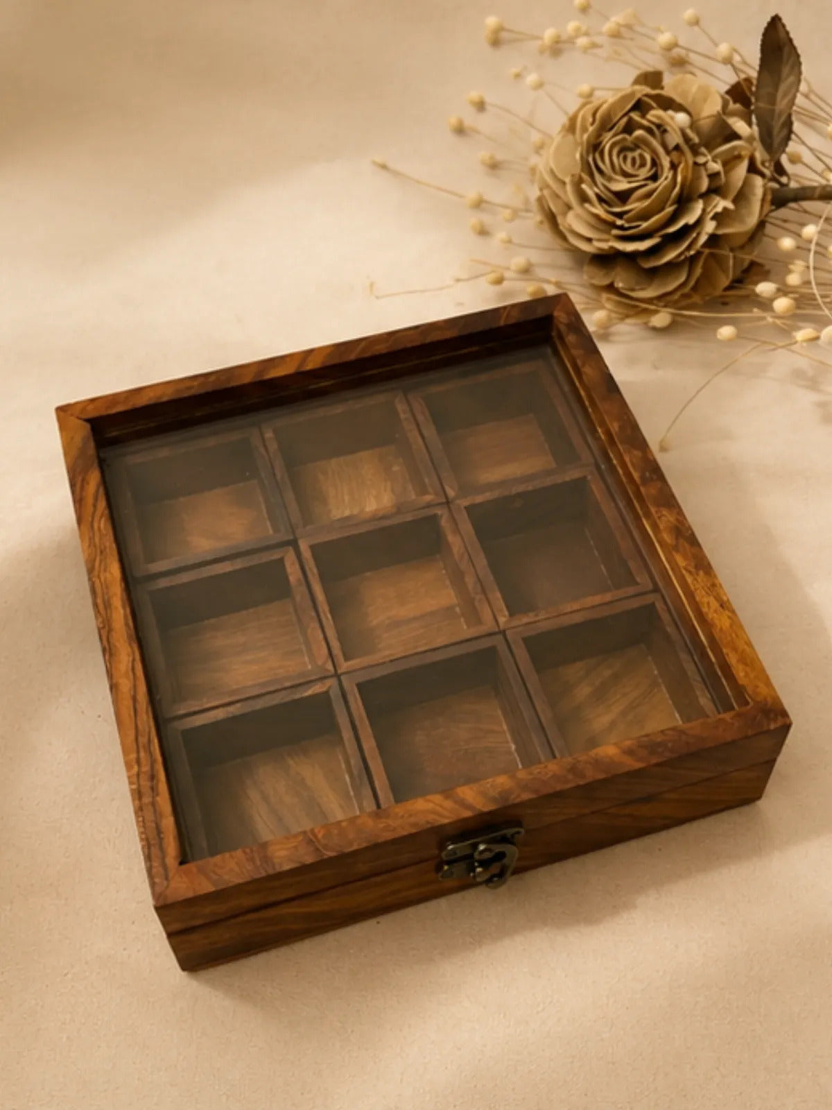 Square Wooden Spice Box with Glass Lid & Lock (9 Compartments)