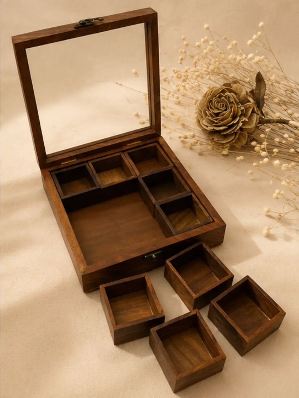Square Wooden Spice Box with Glass Lid & Lock (9 Compartments)